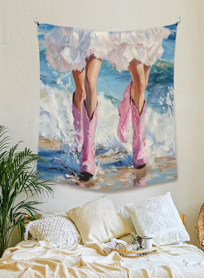 XLDLIOO Coastal Cowgirl Beach Wall Tapestry, Western Preppy Boots Tapestry Hanging for Beachy House Girly Room, Trendy Summer Ocean Tapestries Wall Decor Art for Bedroom Living Room 50x60in - Image 3